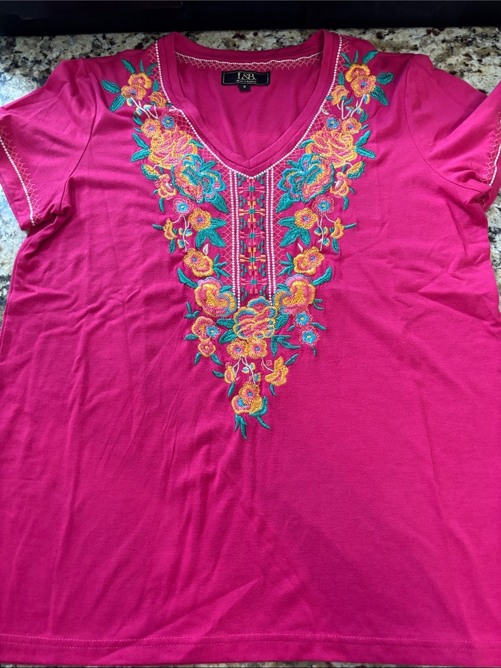 L&B Women’s Hot Pink Embroidered V-Neck Short Sleeve Top